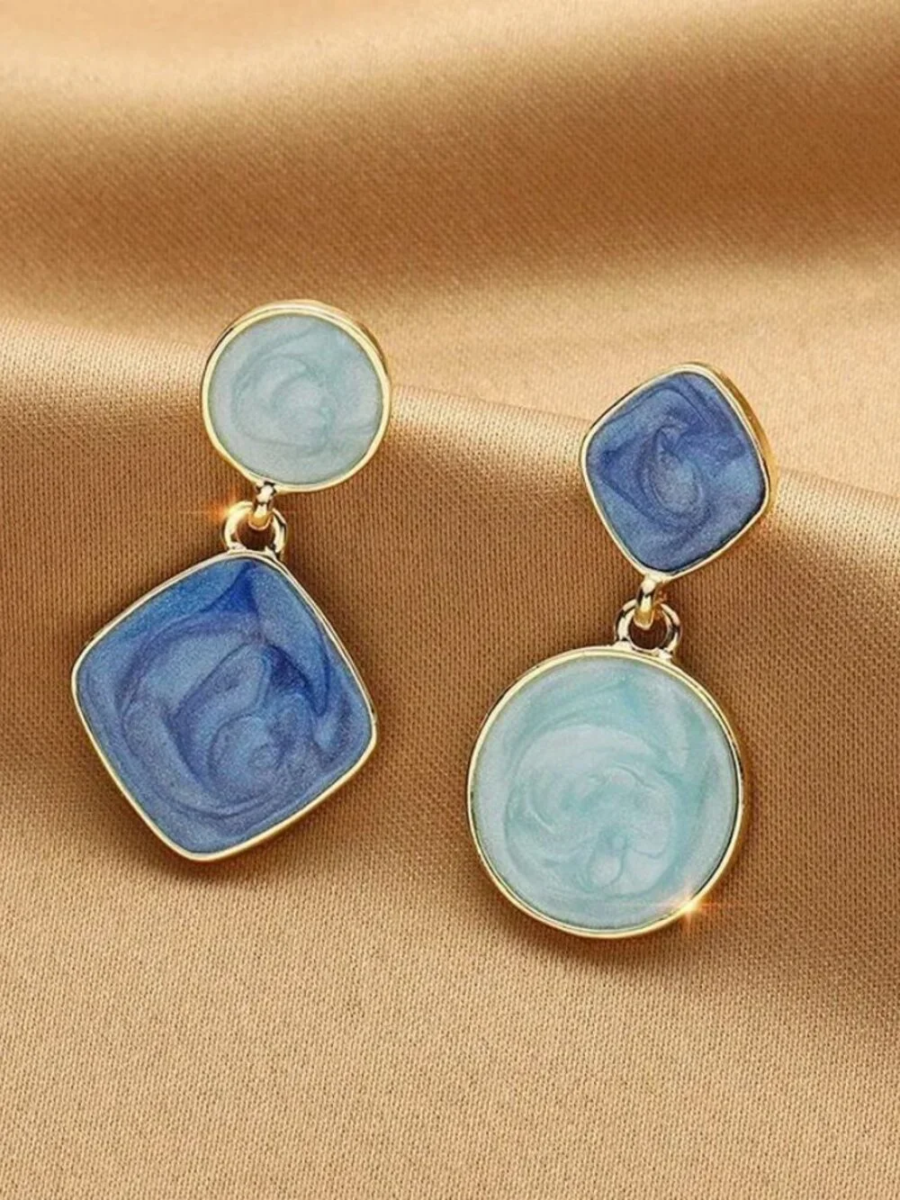 Alina Ellison Enamel Sheen Geo Dangle Earrings Blue Hues Gold Gift Packaged
